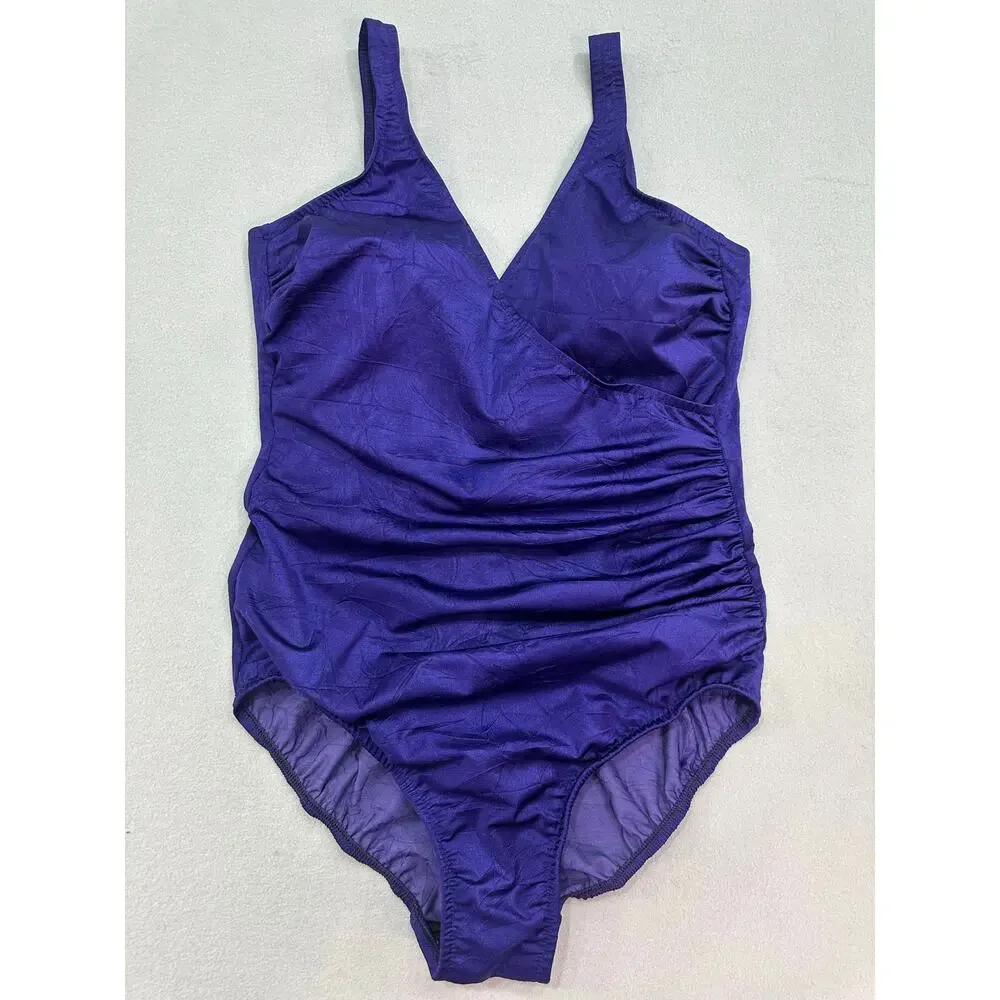 Miraclesuit Vintage Purple Ruched Wrap One Piece Swimsuit Size 14 Shaping Retro
